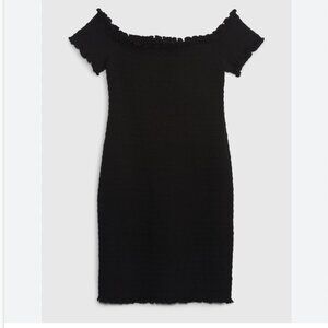 Off-Shoulder Smocked Mini Dress (M) Black